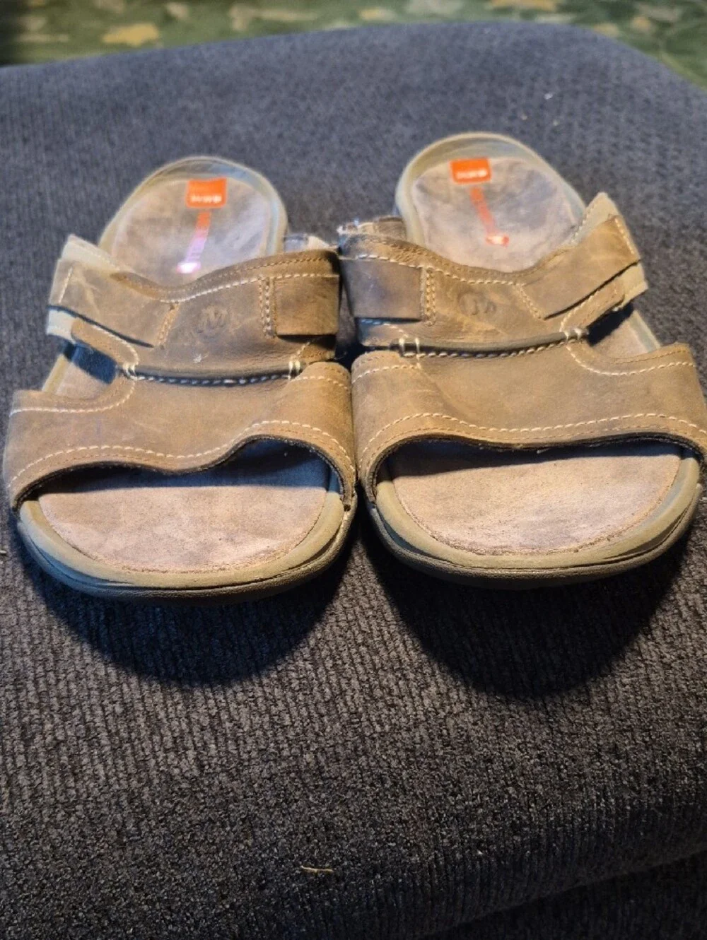 Merrell Men’s Brown Suede Slide Sandals with Orange Accents